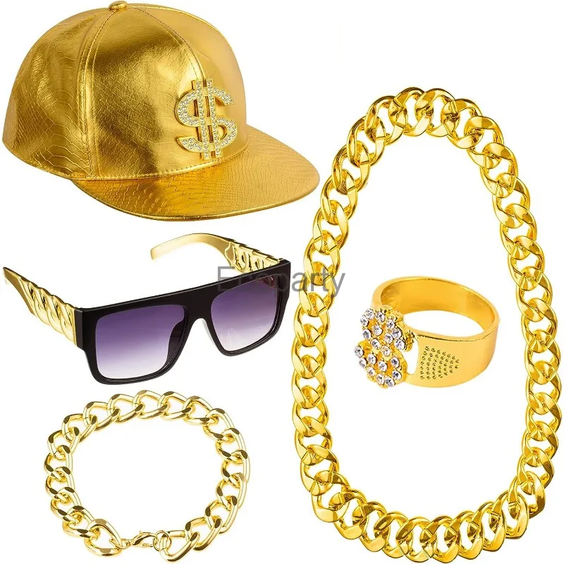 80s 90s Hip Hop Costume Accessories Set for Men Vintage Rapper Cosplay Gold Metal Chain Dollar Ring Bracelet Sunglasses Cap Suit