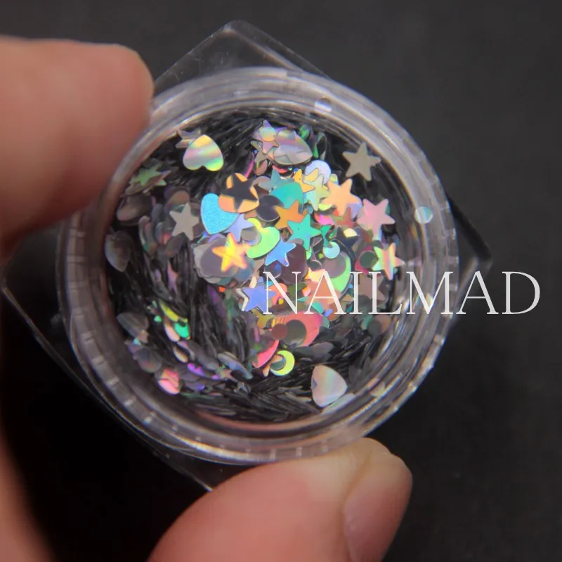 Nail Decorations 3ml Box Holo Nail Glitter Mixes Heart Round Star Nail Sequins Holographic Glitter Art Decorations