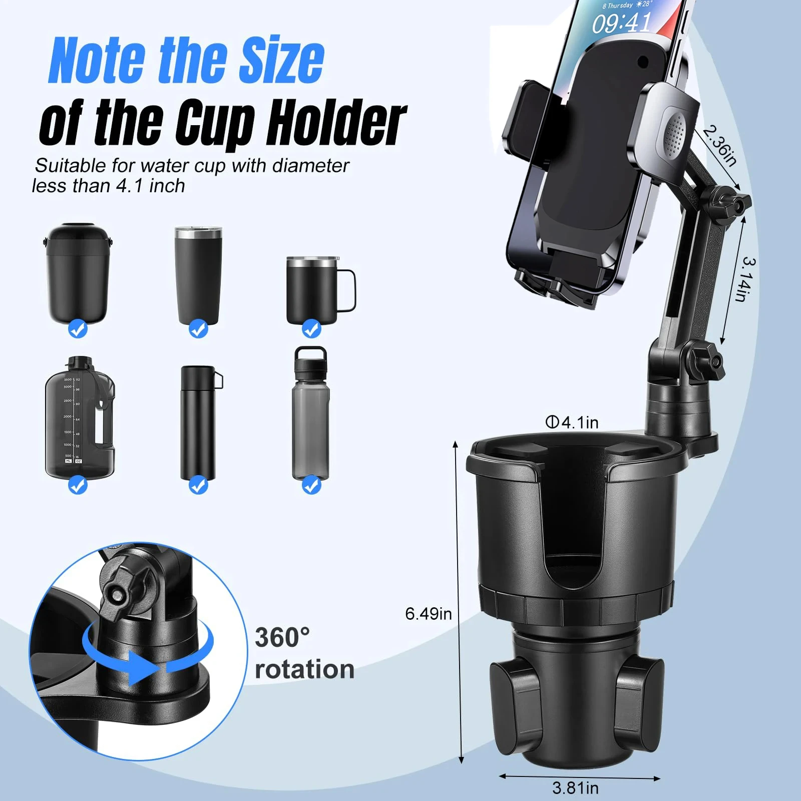 자동차 핸드폰 거치대, 컵홀더형 핸드폰 거치대 메모리 기능 360도 회전 ° 회전식 아이폰 차량용 핸드폰 거치대 조절 가능한 긴 목