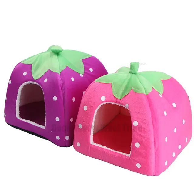 Strawberry Dog Puppy Cats Indoor Foldable Soft Warm Bed Pet House Kennel Tent Cotton Tree Hole-shaped Cute Little Sleeping Nest