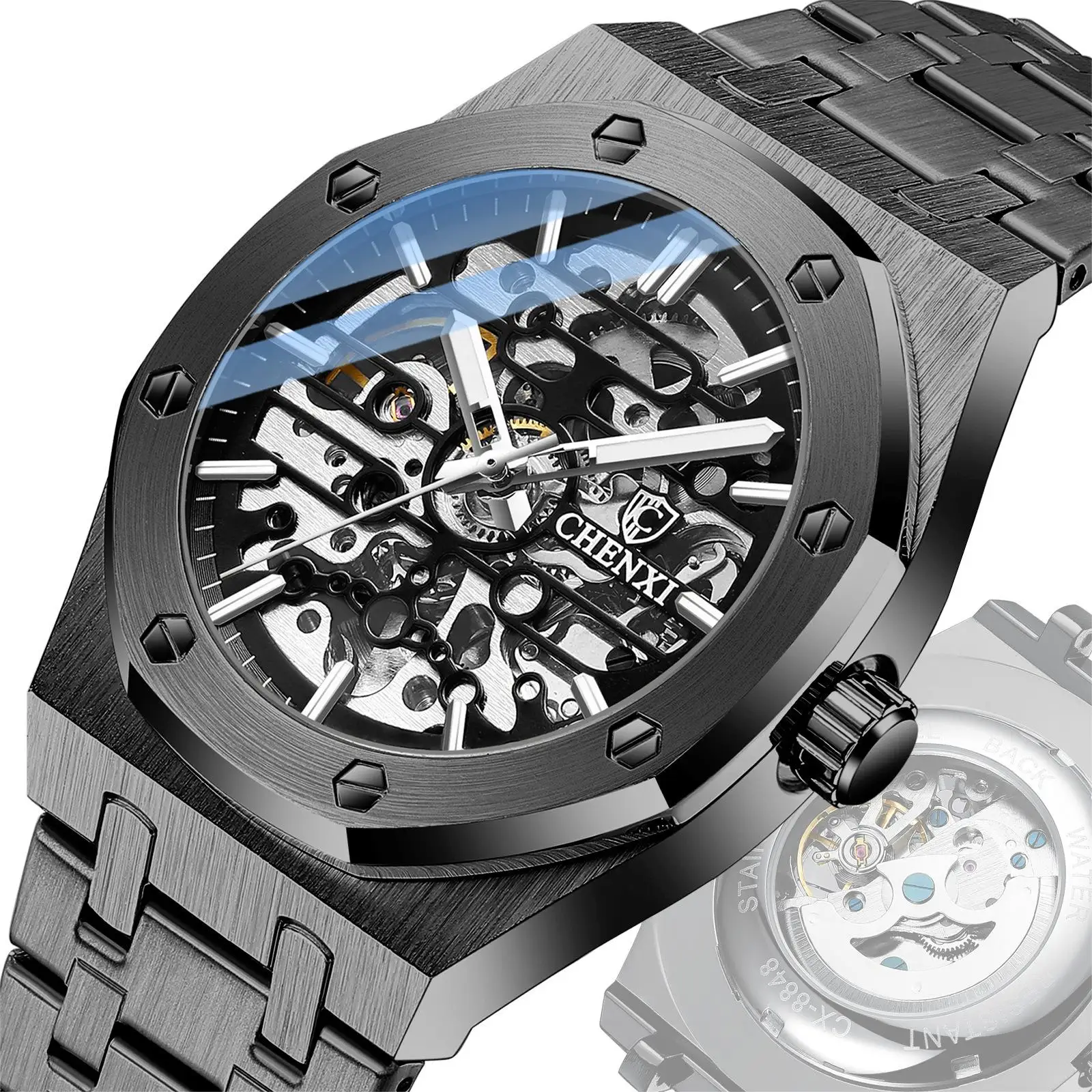 

New mechanical watch men's steel band hollow automatic mechanical watch men's watch men's watch