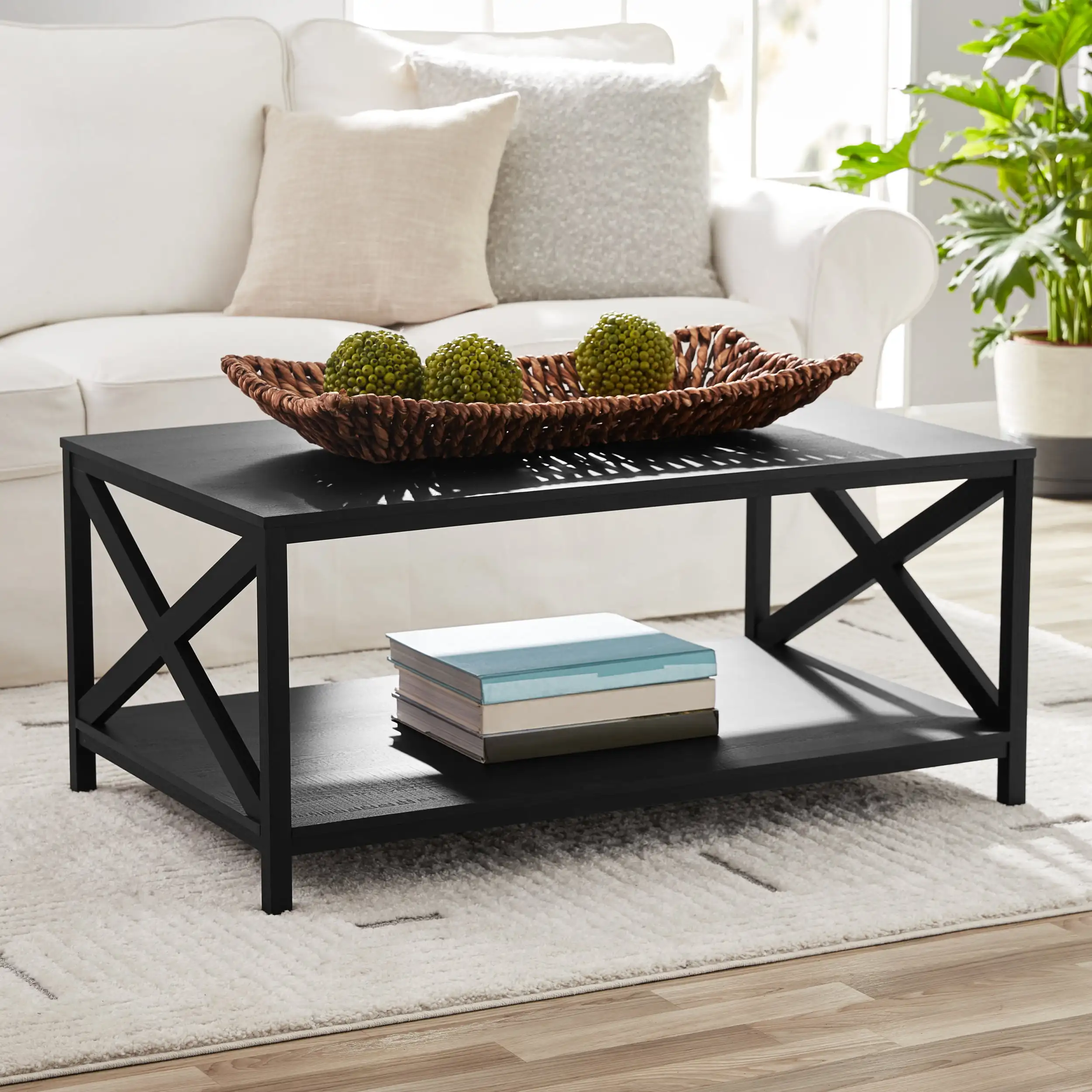 Farmhouse Wood X Design Rectangle Coffee Table, Black Sofa Tables