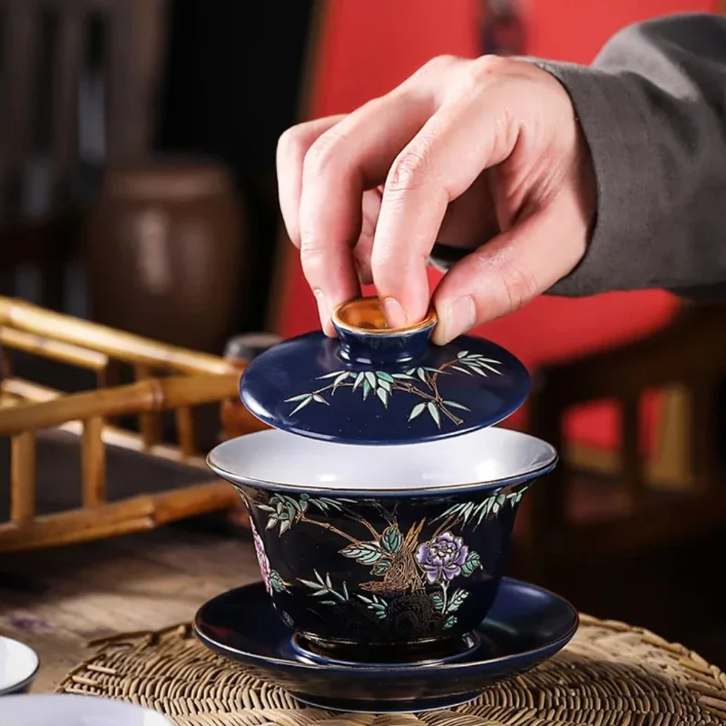 Cobalt Blue Ceramic Tea Cups with Gold Trim - Handmade Kung Fu Tea Set, Zen Ceremony & 6-Piece Gift Box for Home & Gifts