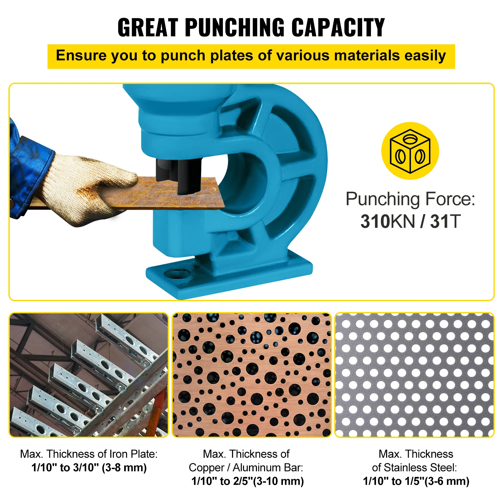 VEVOR CH-60 Hydraulic Knockout Punch Tool 31Ton Hole Digger Force Puncher Iron Plate Max 10mm Thickness Hole Punching Machine 3