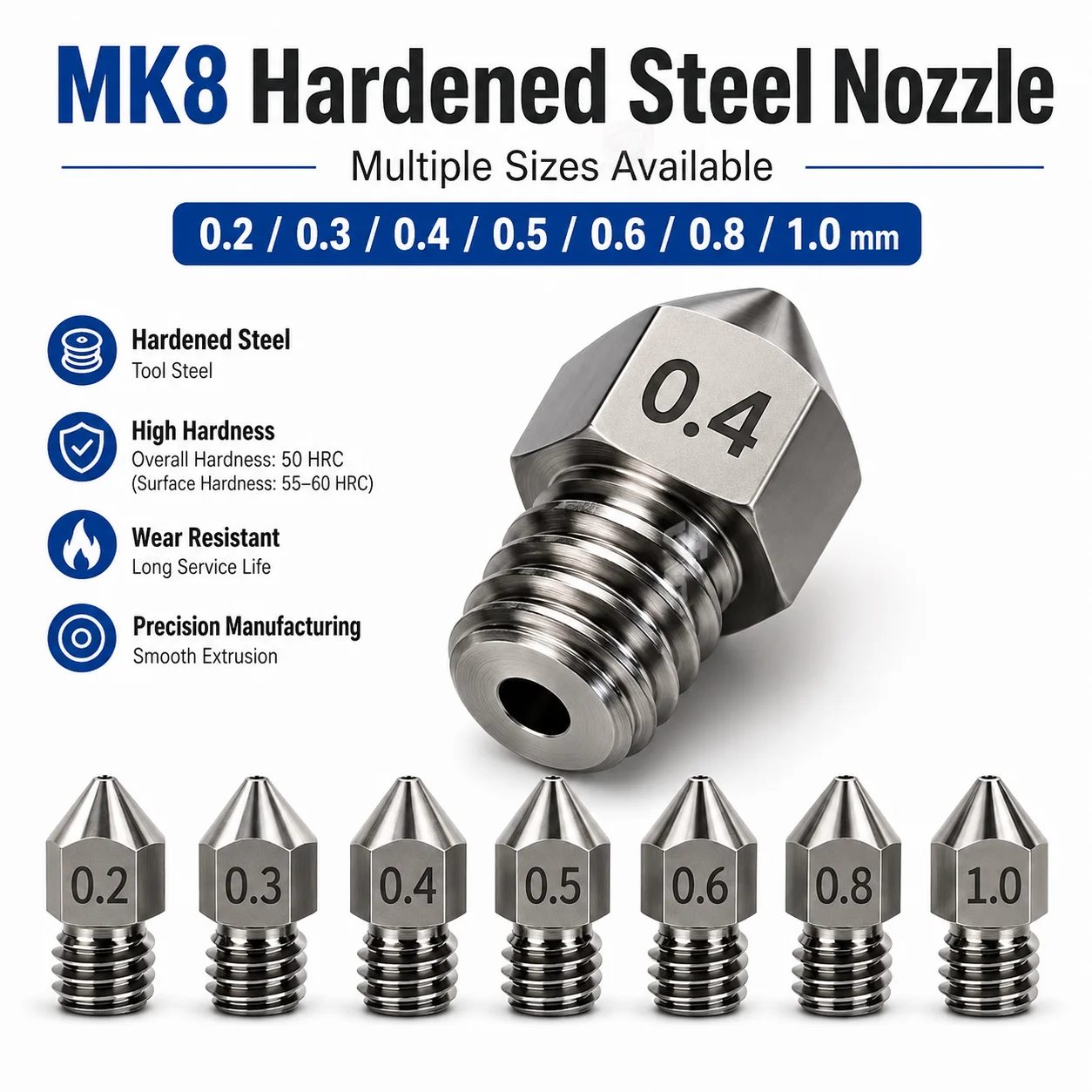 Gehärtete Stahldüse für MK8 CR10 V6 M6 Gewinde-Extruder Hotend Düse 1,75mm Filament