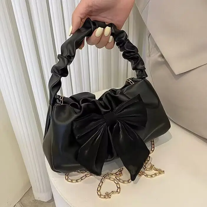 2024 New Ladies Shopping Bag Fashion Cute Bow Decor PU Shoulder Bags for Women Trendy Simple Chain Crossbody Bag Daily Handbags
