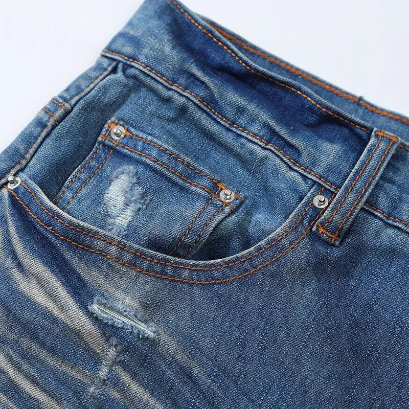 Latest Street Fashion Men's Jeans Vintage Blue Elastic Slim Fit Split Jeans Men's Vintage Pants Splicing Designer Hip Hop Perfor