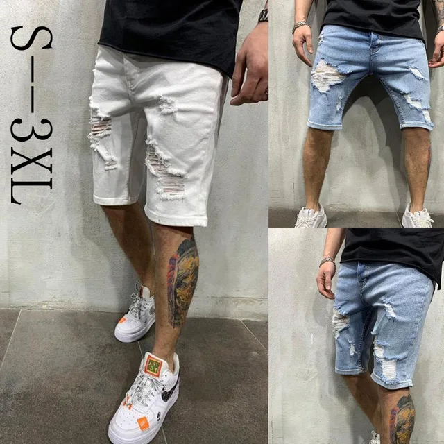 2024 Ripped tassel denim shorts New  Summer Men's Personalized Washable Perforated Denim Pants Large Casual Middle Pants 1