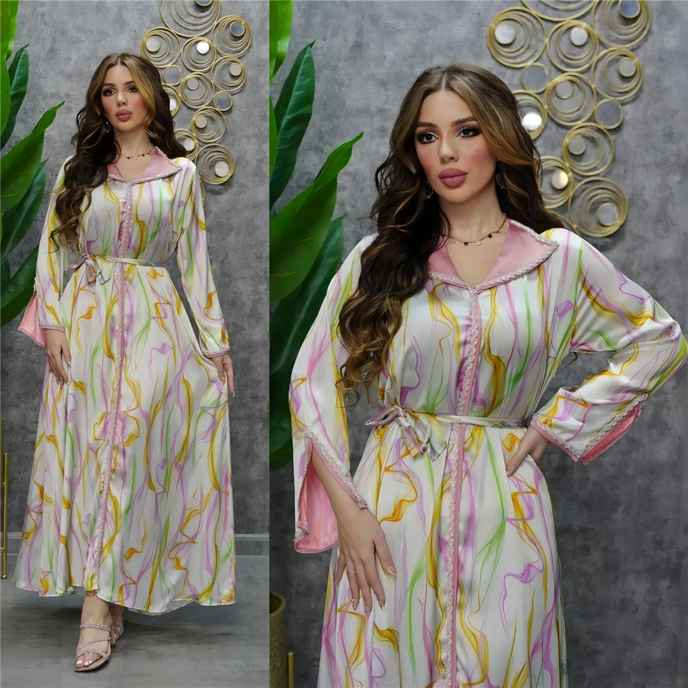 

2024 Spring Luxury Diamonds Abaya Print Dress For Women Muslim Turkish Moroccan Caftan V-neck Middle East Dress Islamic Ramadan