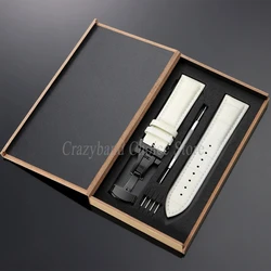 Elegant Leather Watch Strap with Metal Butterfly Clasp and Wooden Box (14mm - 22mm) - 20mm (White - Black)