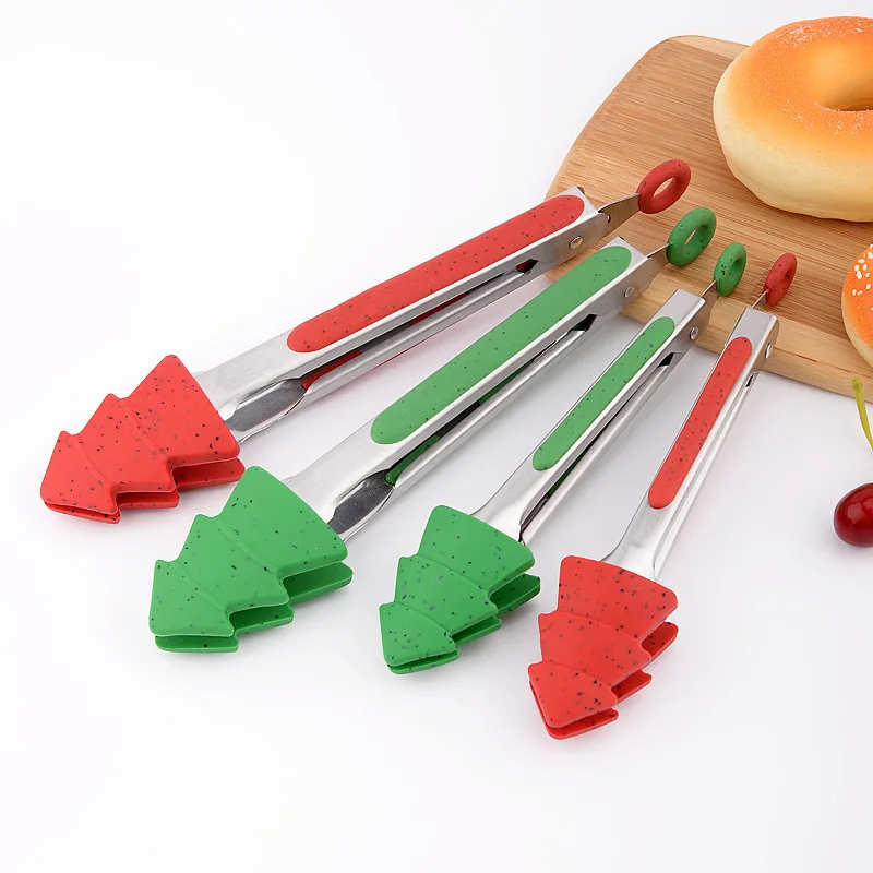 Christmas Tree Silicone Head BBQ Tongs Kitchen Food Steak Clamp