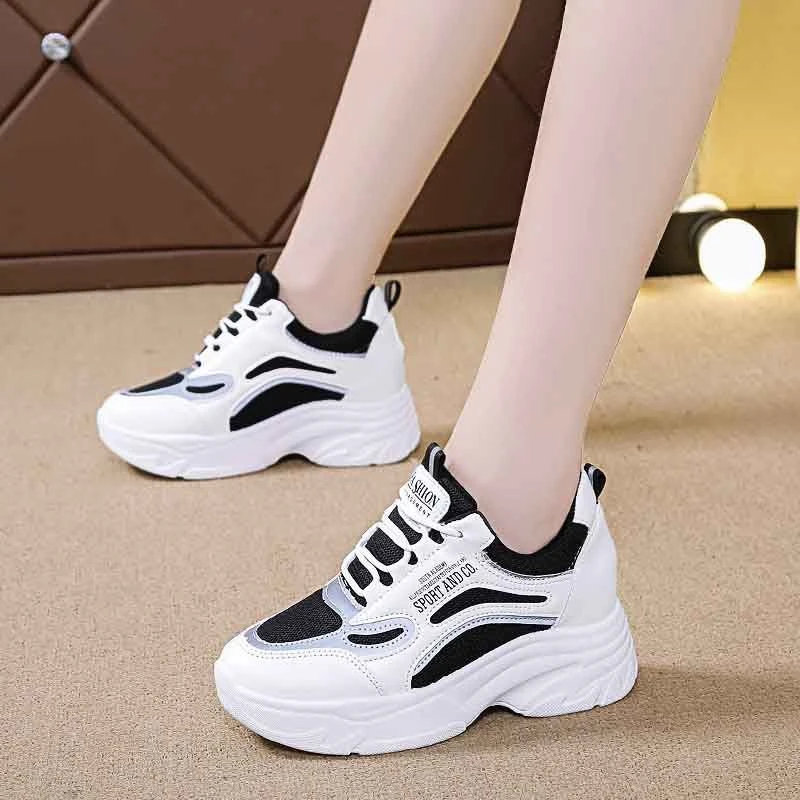 Fashion Women Shoes Chunky Sneakers Female Autumn PU Lace Up Mid Heels  Round Toe Solid Platform Vulcanize Shoes Plus Size - AliExpress