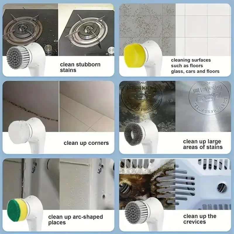 Electric Cleaning Brush 5-in-1 Multifunctional Rechargeable Cordless for Bathroom Kitchen Tile Grout Sink Shower Deep Scrub