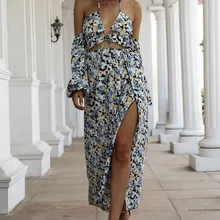 

2022Spring and Summer New Women's Clothing European and American Sexy Backless Floral Dress Female Dress Casual Elegant Beach