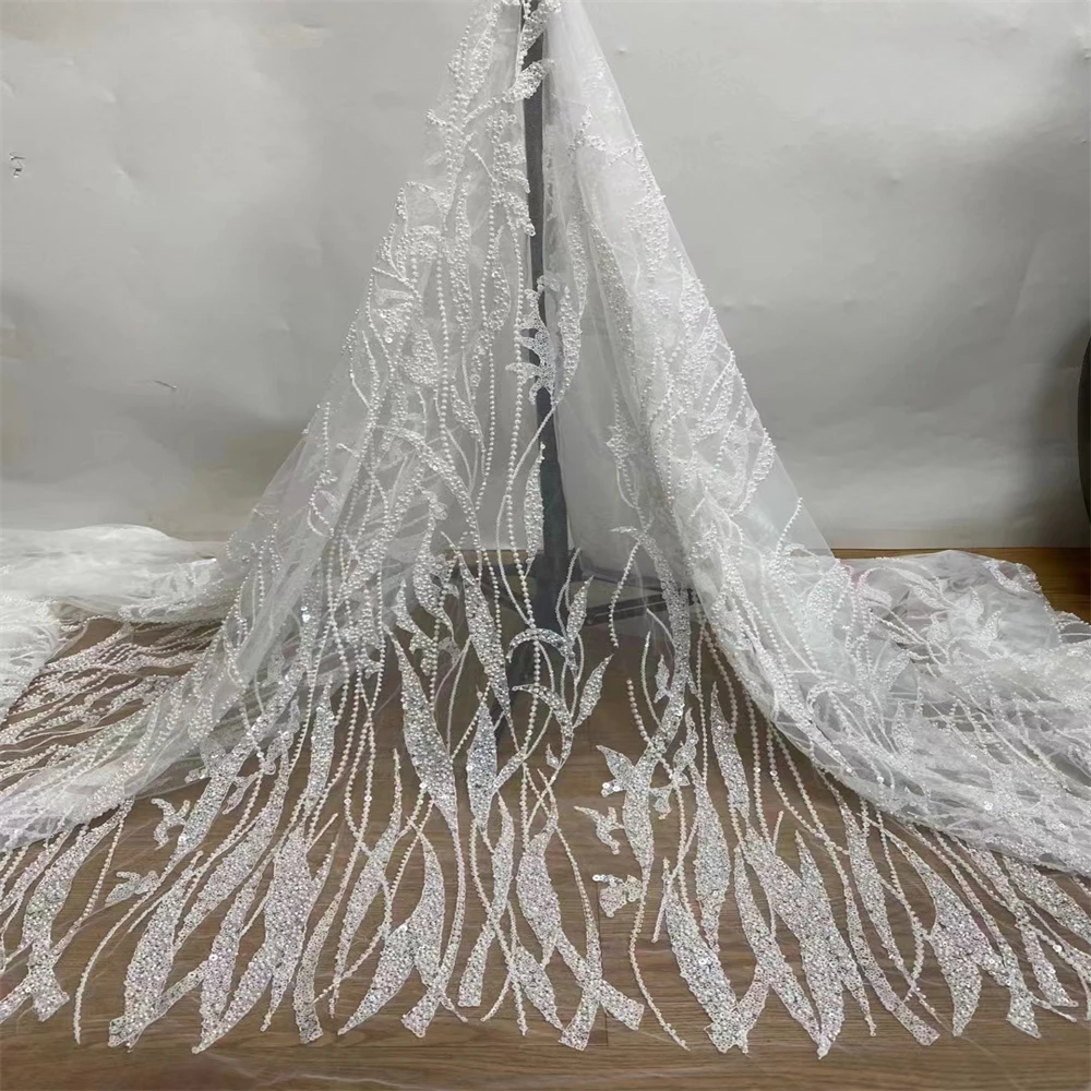 African Handmade Beaded Lace Fabric 2023 High Quality Nigerian French Tulle Lace Fabric For Wedding Dress Sewing  JH