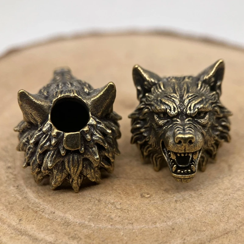 Wolf Head Brass Knife Beads EDC Outdoor DIY Paracord Handmade Woven Lanyard Pendants Umbrella Rope Bracelet Charms Accessories