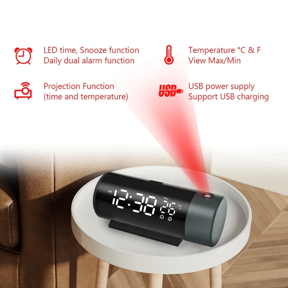 

Temperature 180°rotation Table Function Alarm Wall Bedroom Digital Snooze Clock Projection With Clocks Electronic Bedside
