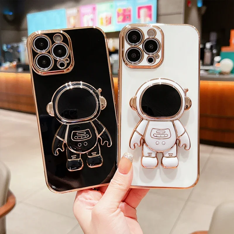 Electroplated Astronaut Bracket Phone Case with Silicone Protective Lens Cover