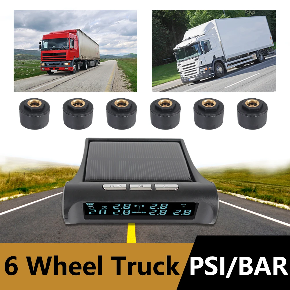 Solar Power 6 Sensors TMPS Truck Tire Pressure Monitoring System Autotruck Tyre Temperature Alarm Tester LCD Display For Bus Car