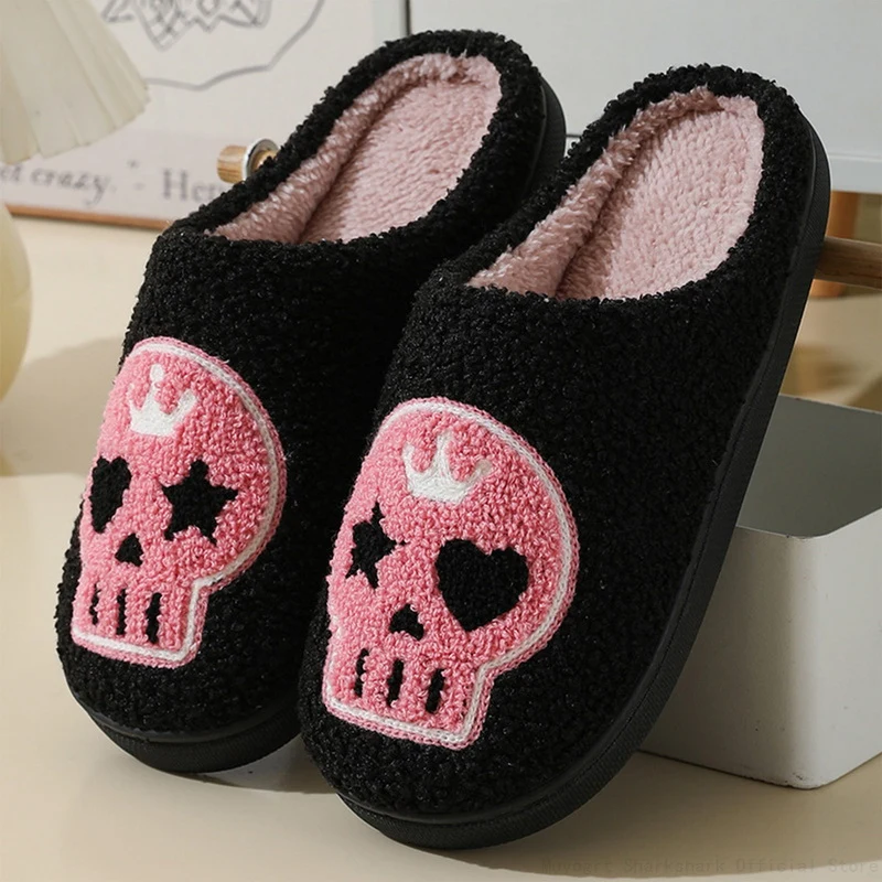 Halloween Plush Slippers Y2k Skull  Black Home Shoes Thick-Soled Furry Cotton Slippers Cute Warm Non-Slip Indoor Slippers 5