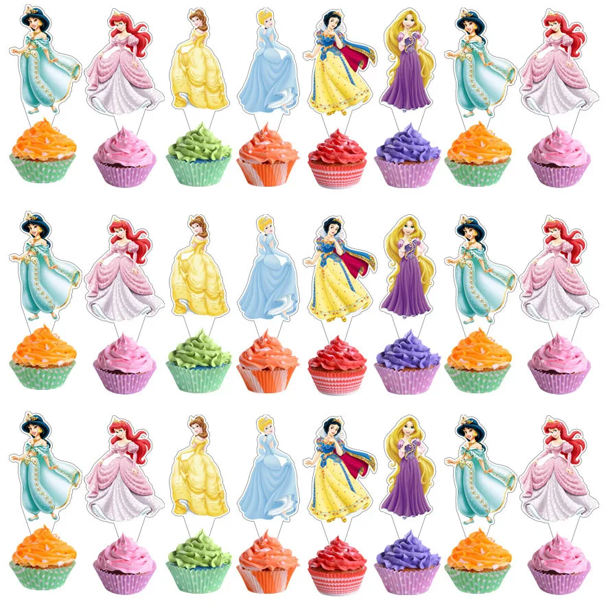 Disney Six Princess Theme Cake Cupcake Toppers Cake Flag Wedding Girls Birthday Party Decor Baby Shower Cake Supplies