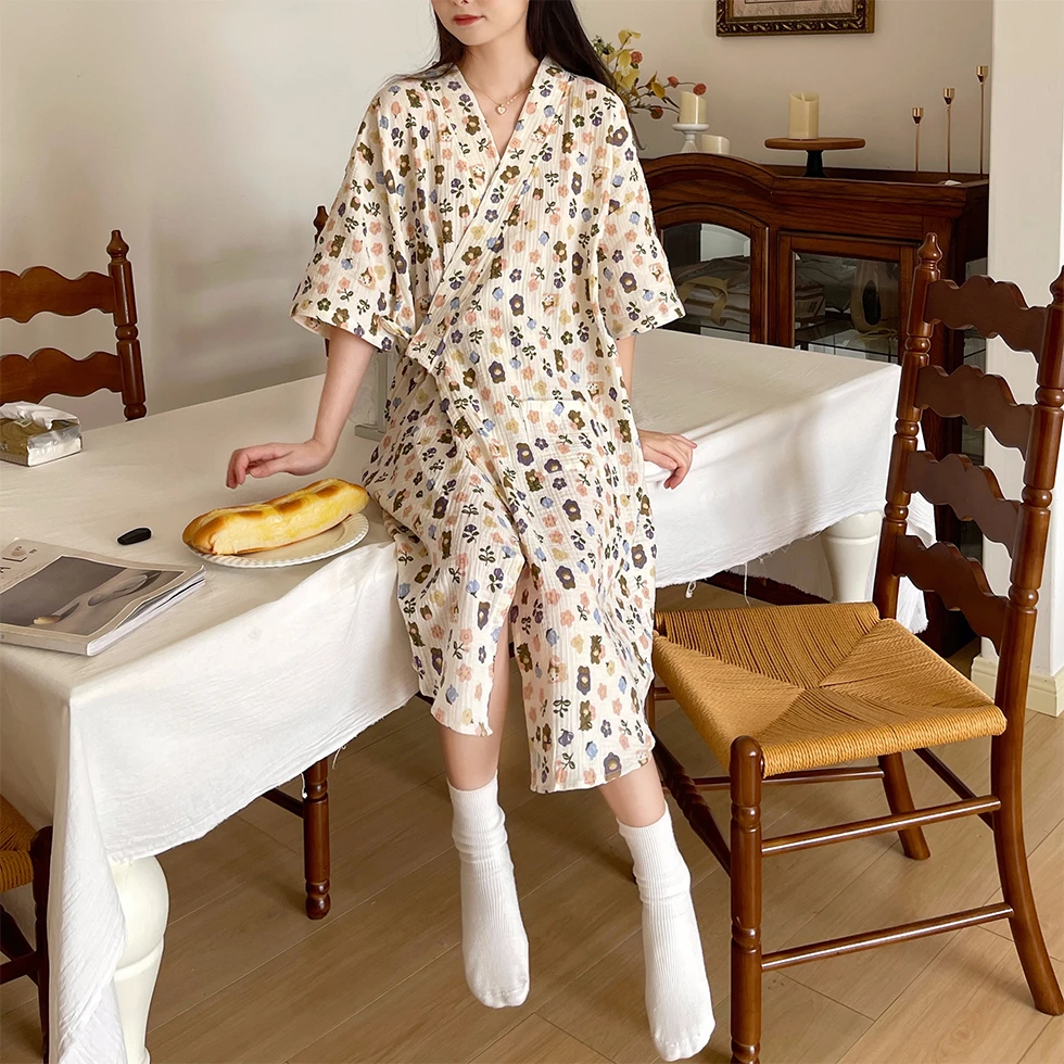 Summer Pure Cotton Gauze Nightdress Women Lace Floral Printed Nightgown Japanese Cotton Kimono Thin Bathrobe Pajamas Nightwear
