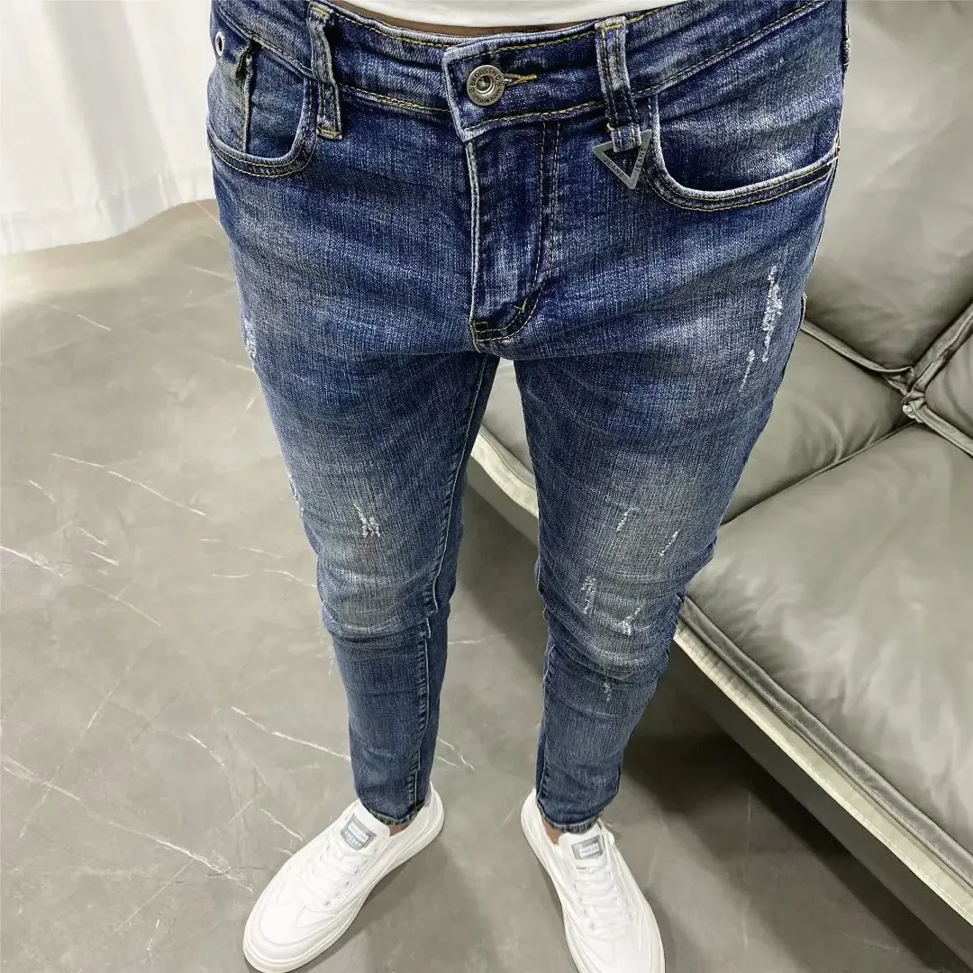 Slim fit small foot elastic jeans men's summer thin personalized pocket casual pants Korean fashion cat beard pants