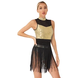 Womens Glittery Sequin Leotard Tassel Ballroom Dance Dress Sheer Mesh Fringed Bodysuit Cha-Cha Latin Dance Performance Costume