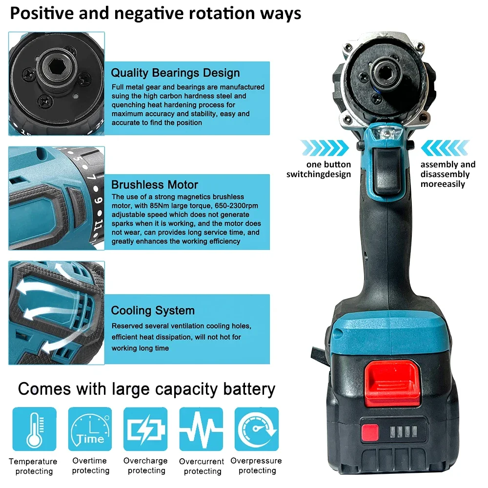 JAUHI 충전식 전기 브러시리스 무선 스크루 드라이버, 280N.m 토크, 20 + 1 기어, Makita 18v 리튬 배터리 전동 공구