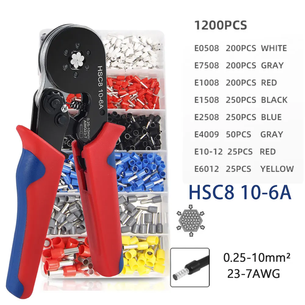 Wire Stripper Tools Multi Functional Tools Electrician Tools Wire Stripper Crimping Tool Kit HSC8 10-6/6-4A Pliers Self-Adjusting 8 Inch Cutter Crimper for Tube Terminal
