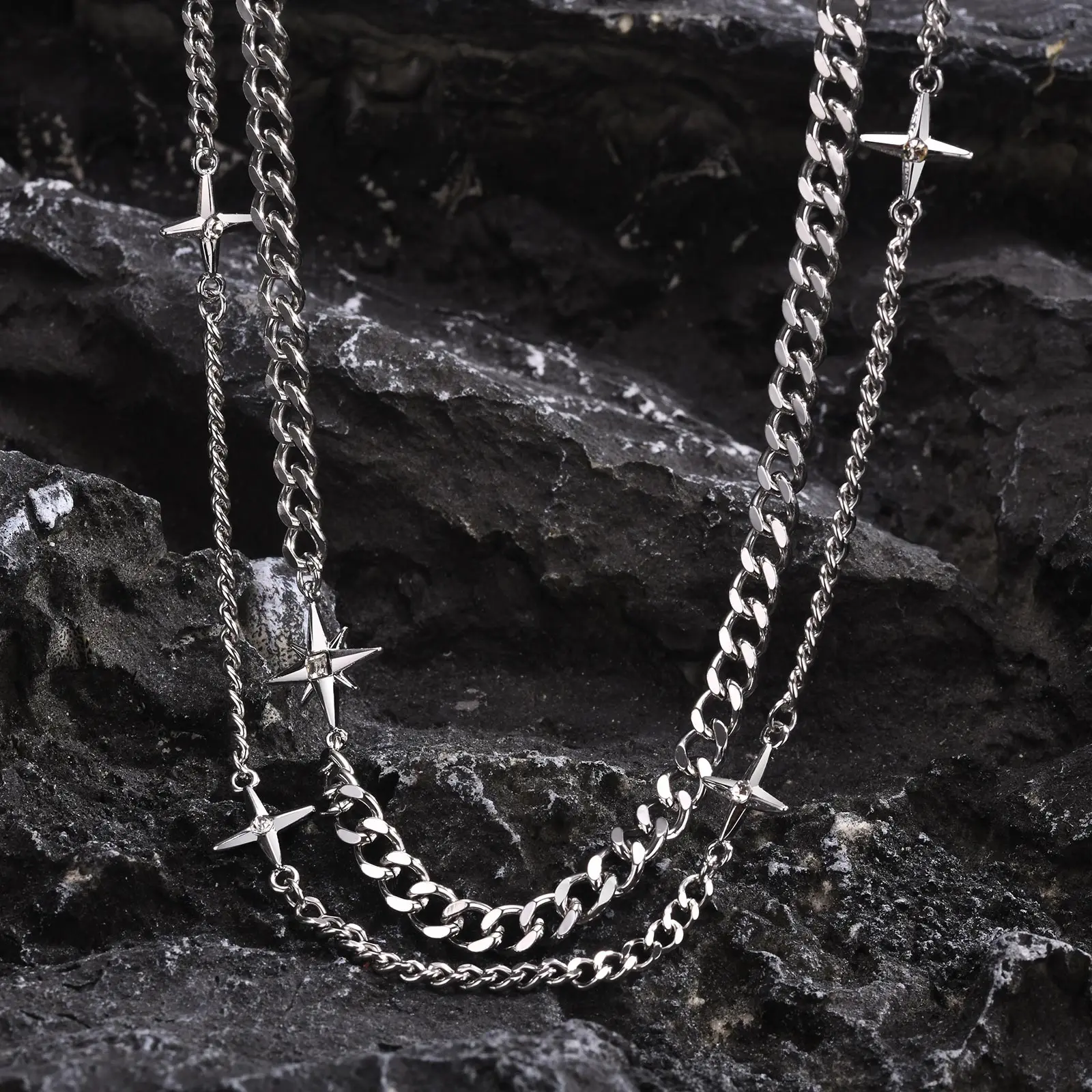 Mprainbow 2pcs/set Cuban Chain Neckalces for Men Women,7mm/4.45mm Chains Splicing Four Pointed Star Collar,Stylish Jewelry Gift