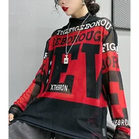 المرأة الوقوف طوق إلكتروني الطباعة فضفاضة تي شيرت غير رسمي ، السيدات طويلة الأكمام أعلى ، Harajuku Y2K شبكة المحملة ، المرأة البلوز ، الخريف ، الشتاء 1