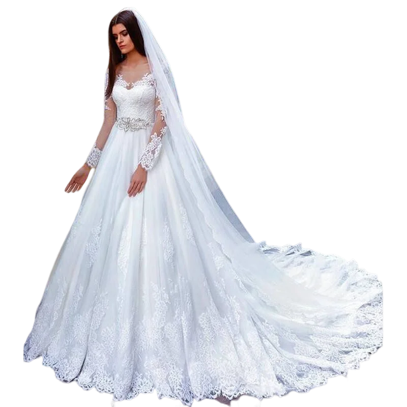 

Modern Scoop Neck Lace Appliques Ball Gown Wedding Dresses For Bride 2023 Sweep Train Beaded Long Sleeves Garden Bridal Gowns