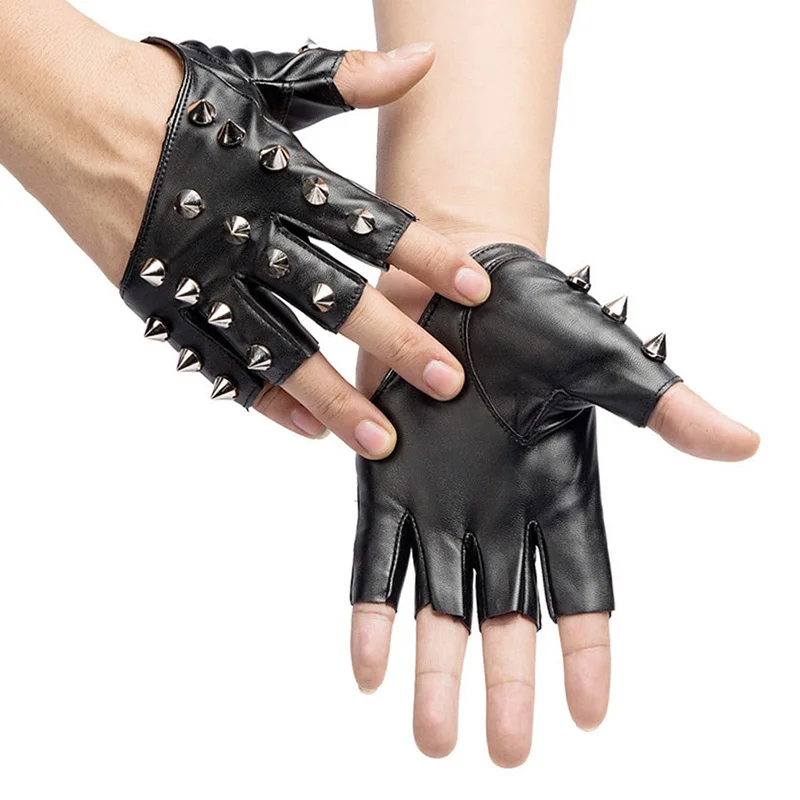 

Fashion Men Punk Hiphop Rivet Half Finger Leather Gloves Women's Stage Performance Fingerless Touch Screen Motorcycle Mitten K99