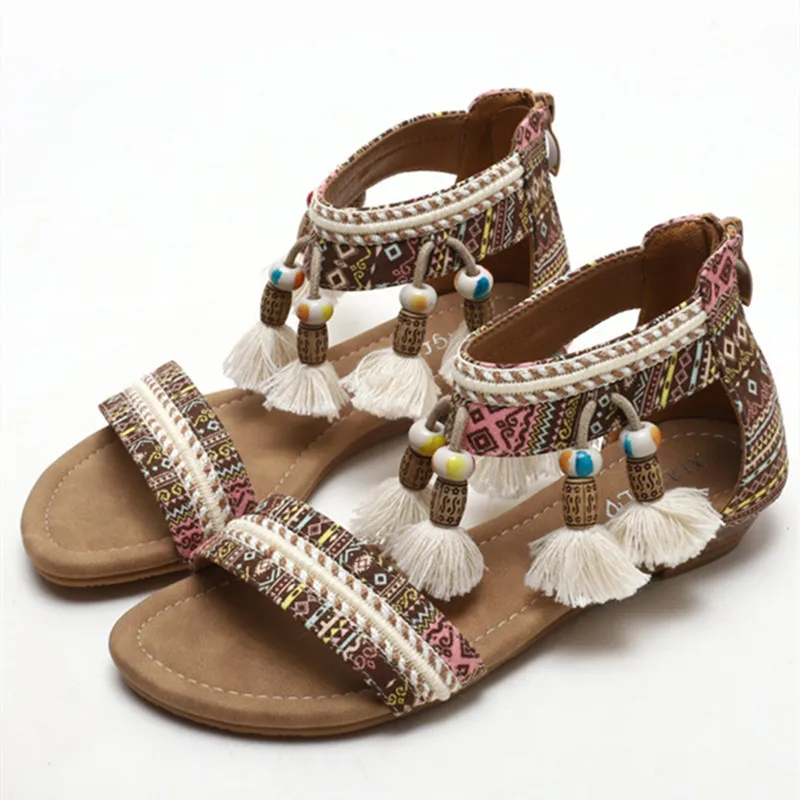 

Plus Size 41 42 Women Bohemia Wedge Sandals Female Summer Shoes Fringe National Style Open-toe Roman Casual Shoes Low Heel