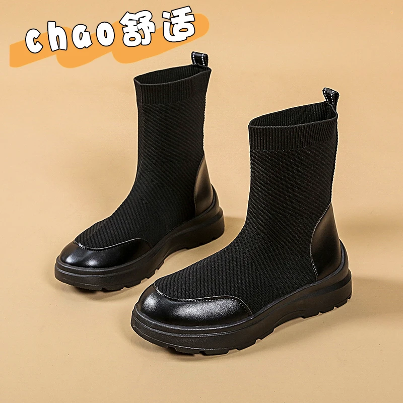 

2022 Knitted Stretch Sock Botas Femininas Patchwork Round Toe Chelaes Bottes Platform Boots Women Thicken Soled Weaving Botines