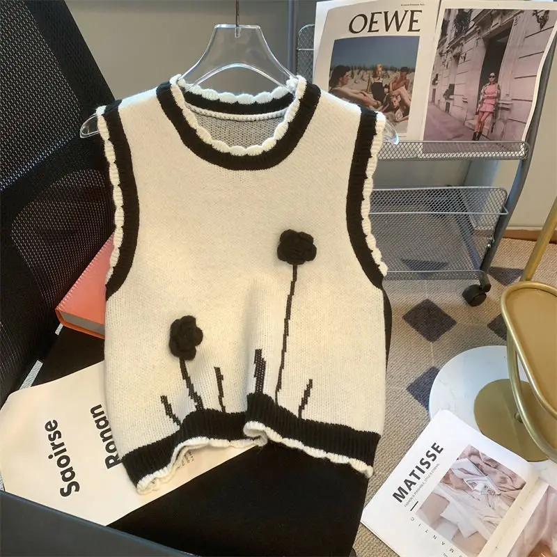 

Women's Autumn Winter V-neck Knitted Animal Sweater Vest Fashion flower Casual Versatile Pullover Fashion Elegant Lady Top N04