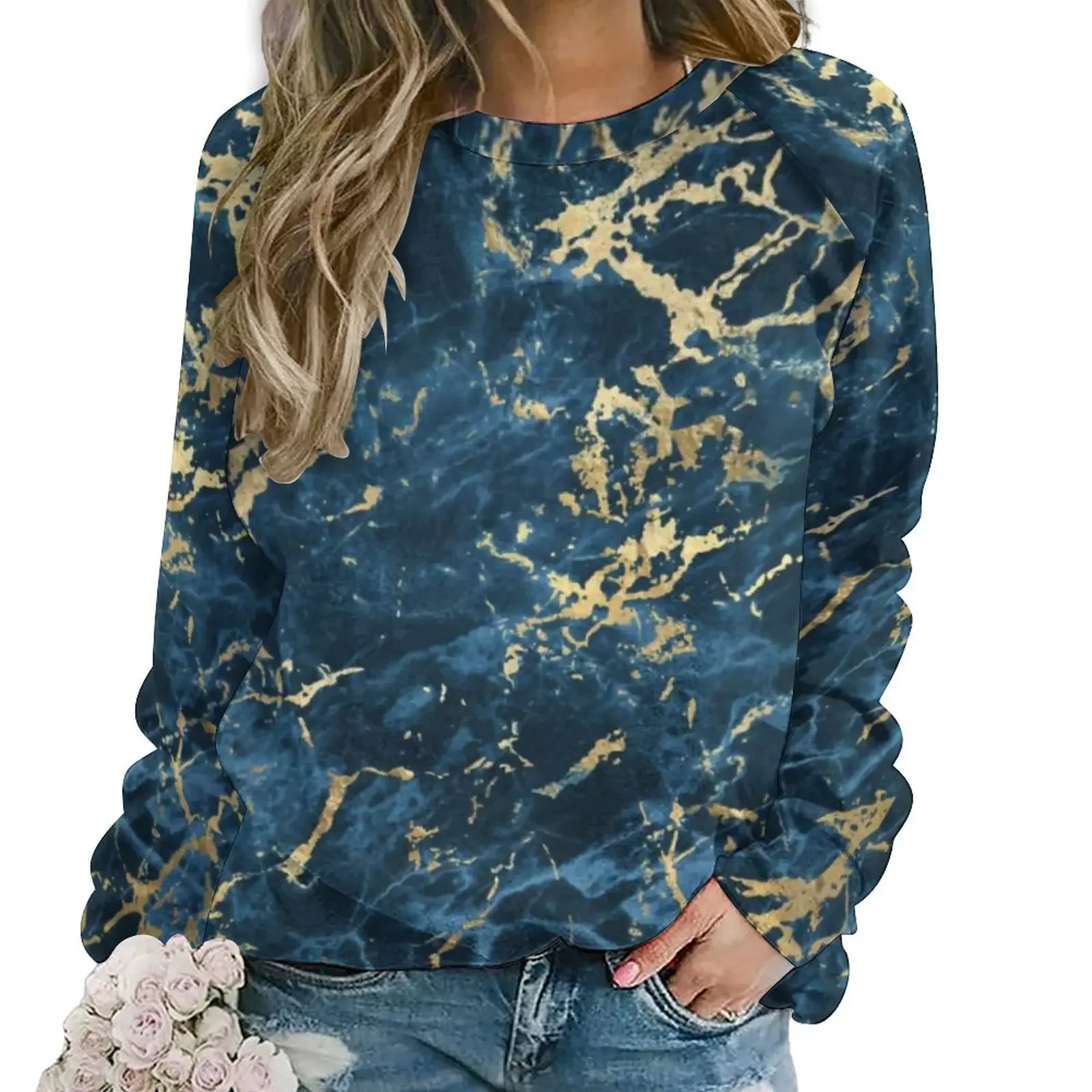 

Marble Blue Glod Hoodies Female Natural Stone Pattern Harajuku Casual Hoodie Autumn Long Sleeve Trendy Design Sweatshirts
