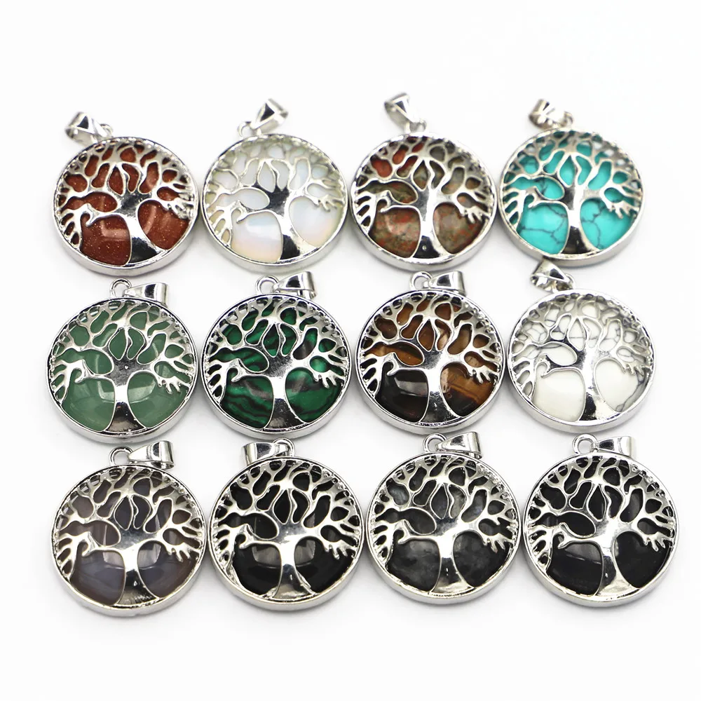 New 12pcs Fashion Natural Stone Alloy Tree of Life Men Pendants Necklace Designer Charms for Jewelry Accessories Marking Bulk