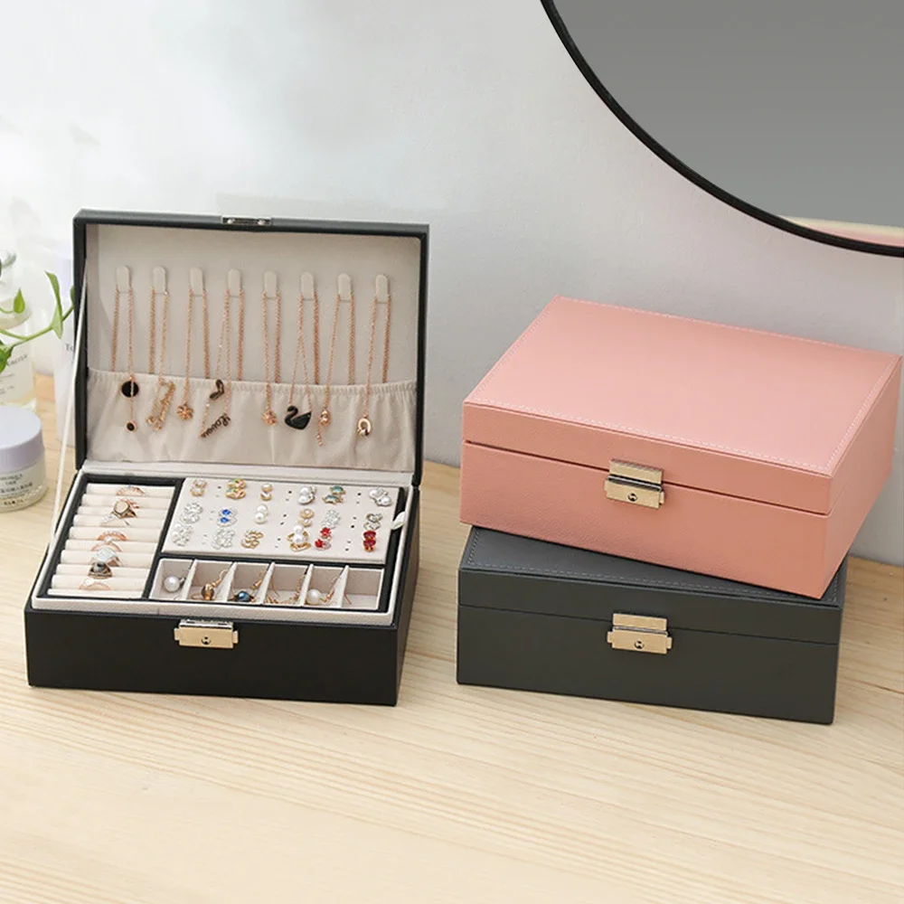 

Jewelry Storage Box Organizer Display Travel Jewelry Case with Lock Double Layer Leather Storage Case for Earrings Ring Necklace
