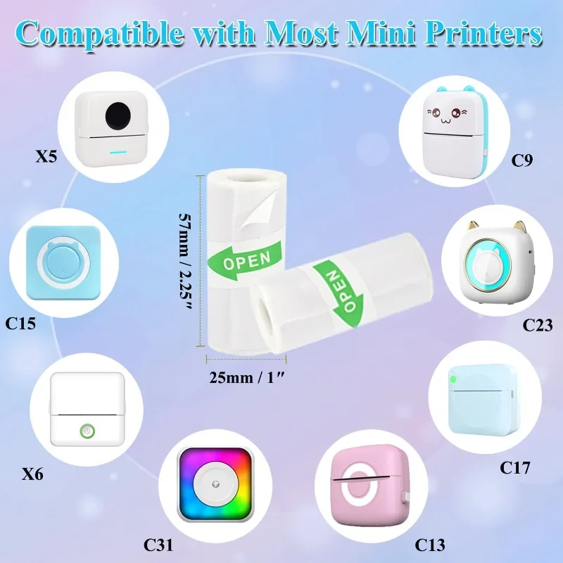 15 Rolls Mini Printer Sticker Paper, Thermal Sticker Paper Self-Adhesive, 57 x 25 mm, Halloween Christmas DIY Stickers for Kids
