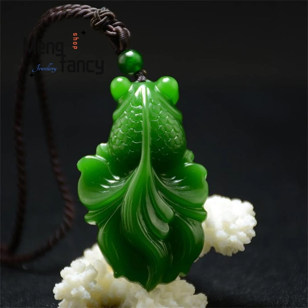 Natural Hetian Colourful Jade Floating Flower Goldfish Koi Pendant Jewelry Handicraft Holiday Gift