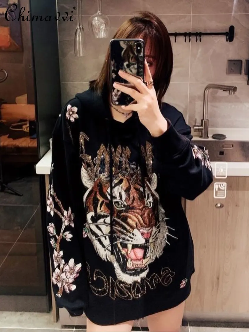 Autumn 2022 New Versatile Casual Loose Pullover Top Ladies Cartoon Pattern Hot Drilling Fashion Hooded Sweatshirt Female