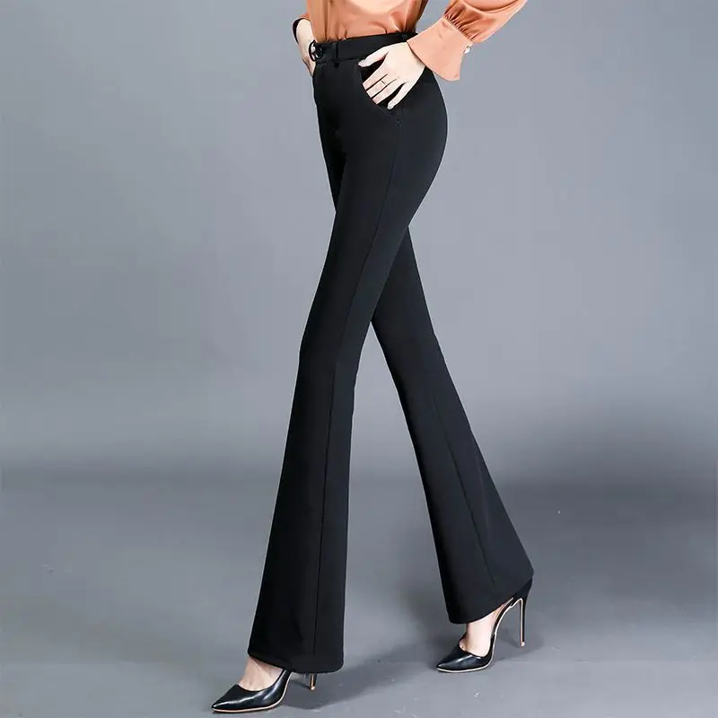 Summer Fashion Simple Slim Straight Flare Pants Women Solid High Waist Button Zipper Pocket Casual Versatile Elastic Trousers