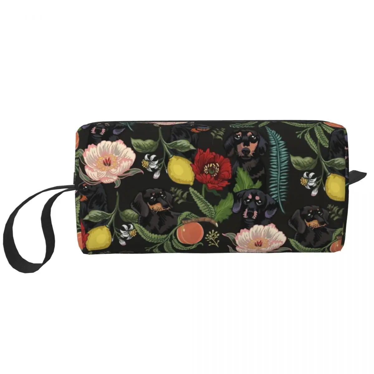 

Botanical And Black Dachshund Makeup Bag Large Cosmetic Bag for Men Women Flowers Dog Toiletry Bag Storage Pouch Bag