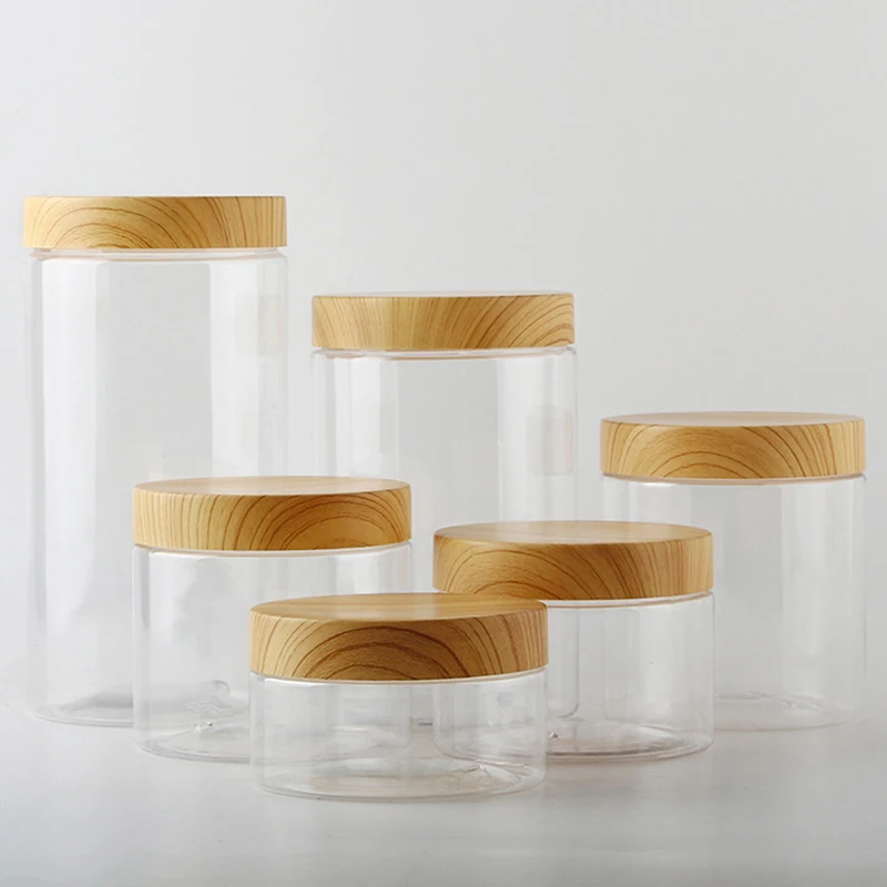 Empty Clear Jar Container With Plastic Imitation Wood Lid Plastic Storage Bottle plastic food containers