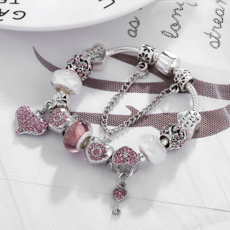 Bracelet Jewelry Crystal Heart Charm Bracelet For Women Silver Snake Chain