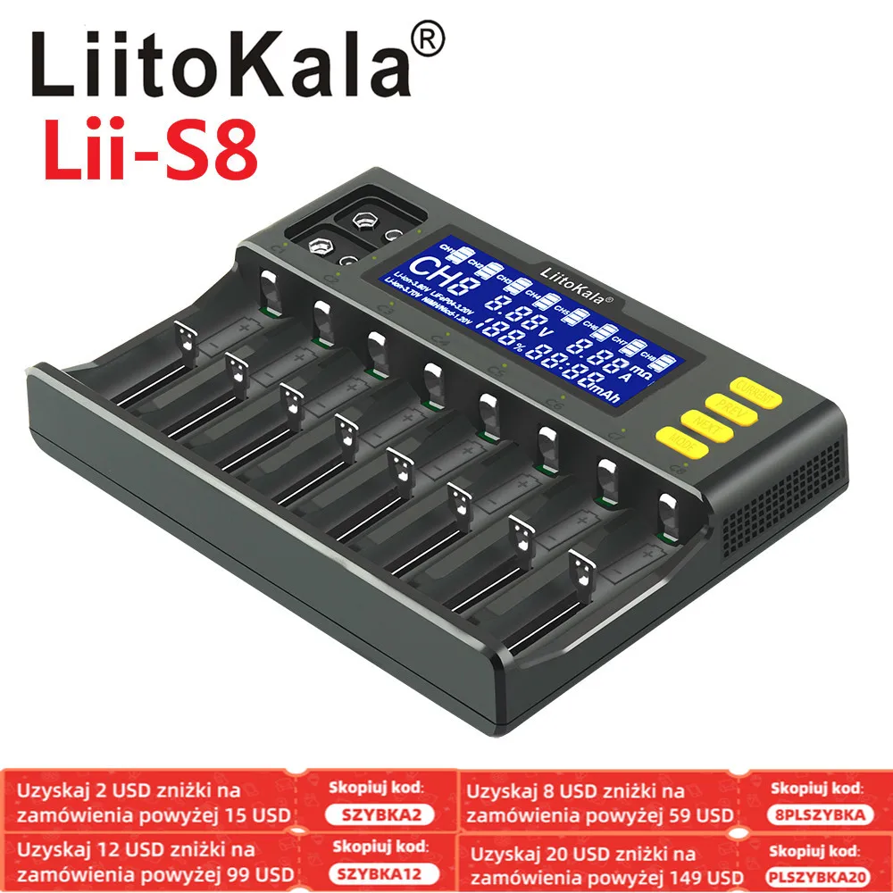 

LiitoKala Lii-S8 8 Slots LCD Battery Charger for Li-ion LiFePO4 Ni-MH Ni-Cd 9V 21700 20700 26650 18650 RCR123 18700