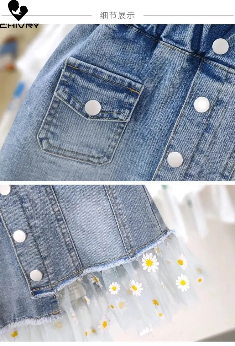 Summer New 2022 Kids Girls Fashion Skirts Mesh Patchwork Daisy Button Denim Skirt with Pockets Girls Children Casual Clothing