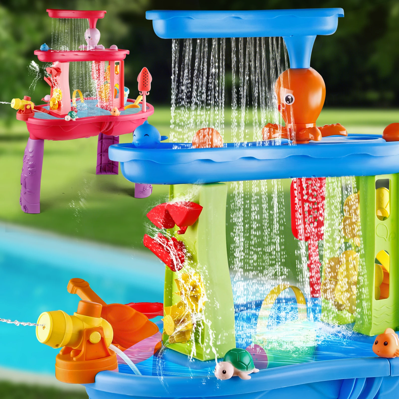 3-Tier Kids Splash Sand Table Water Toys, Rain Showers Splash Pond for Outdoor Beach Backyard, Halloween/Christmas/Thanksgiving 2
